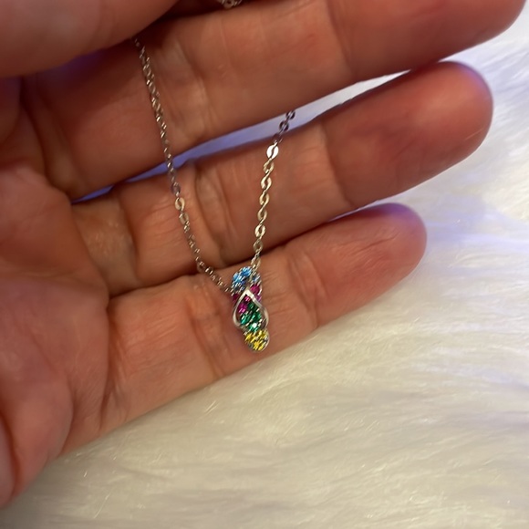 925 Sterling silver flip-flop necklace with multicolor CZ stones, 18 inch chain - Picture 6 of 9